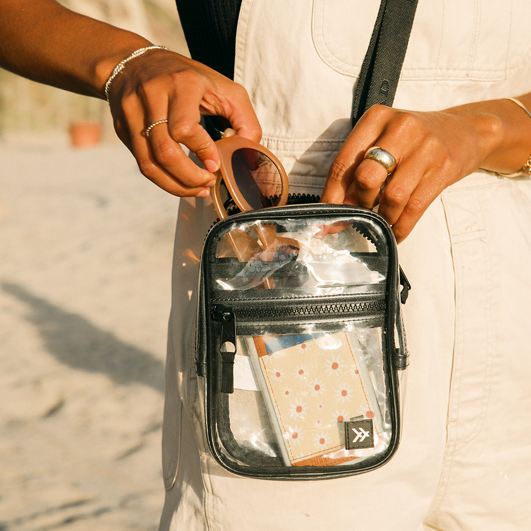 Person wearing the Thread® clear crossbody bag across the chest at an event
